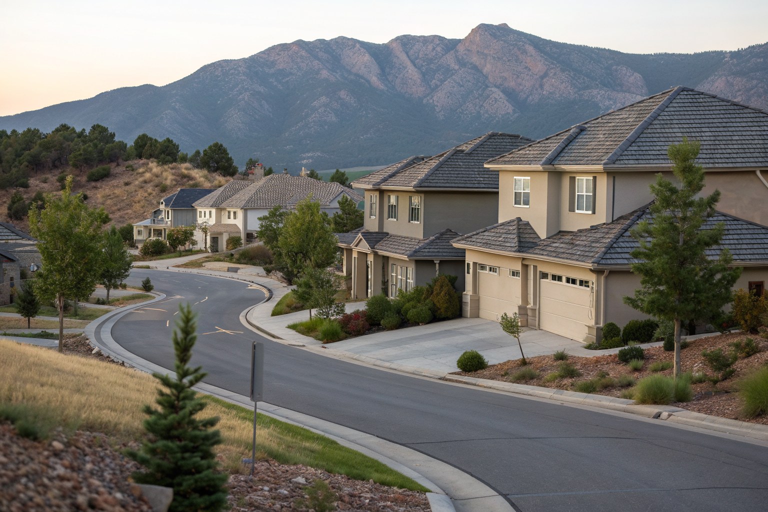 A curving street of two-story stucco homes with gray shingle roofs below the foothills