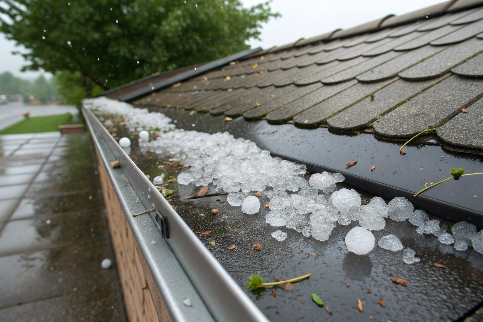Hailstones piled in a gutter at the edge of an asphalt shingle roof after a storm