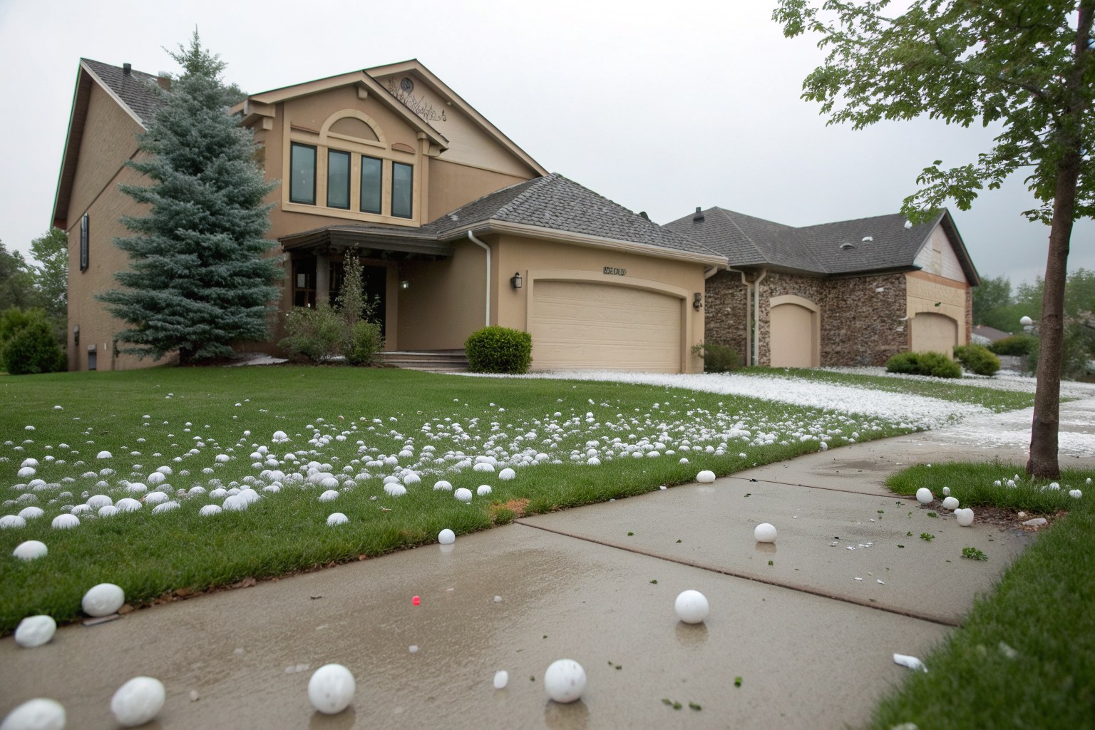 Large hailstones scattered across a lawn and driveway in front of a stucco house
