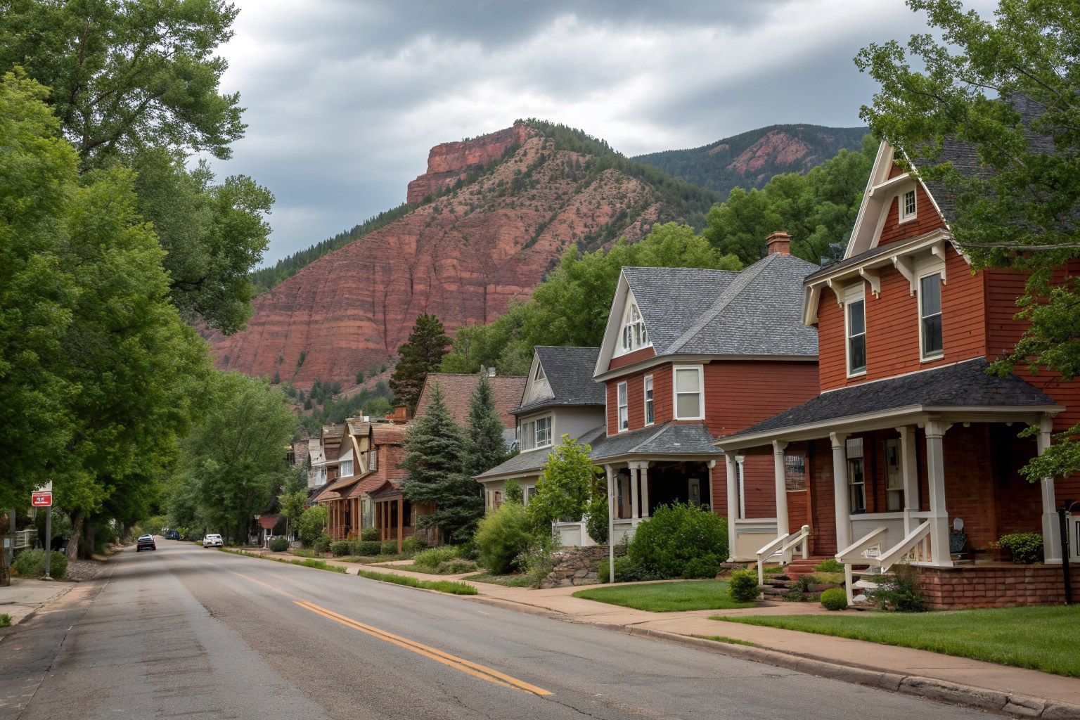 A tree-lined street of 1890s brick and clapboard houses with porches below a red-rock mountain