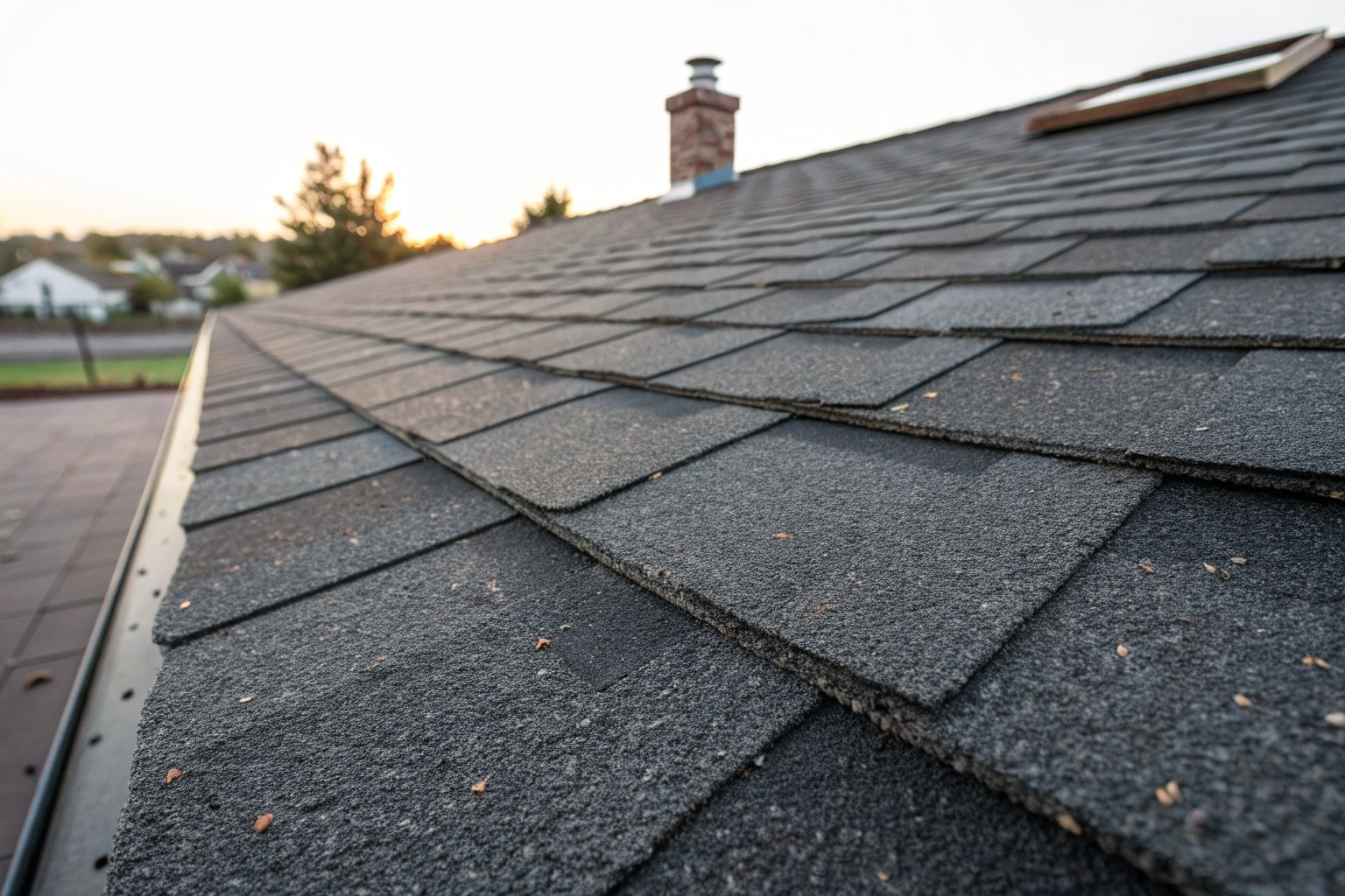 Close view of thick charcoal laminated shingles on a new roof