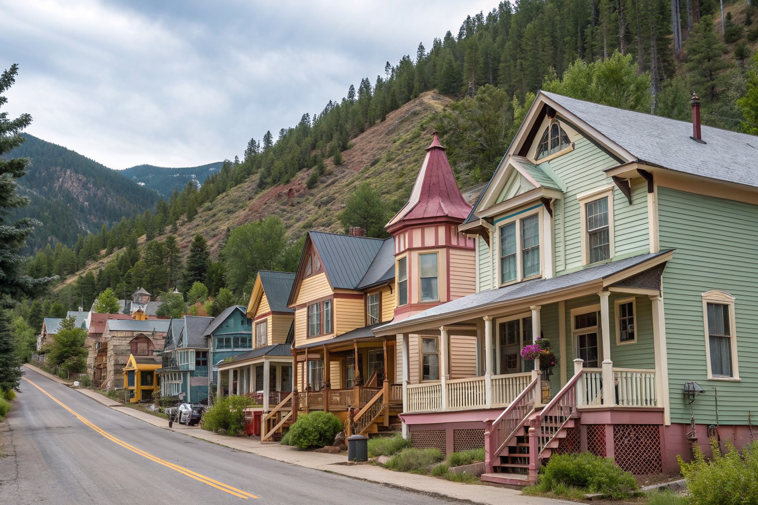 Restored Victorian houses with steep gabled roofs on a hillside street below pine slopes