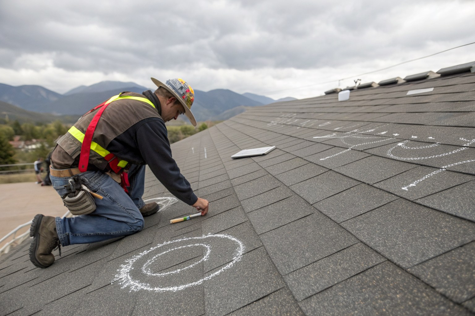 A roofer in a safety harness circling hail hits on a shingle roof with chalk, mountains behind