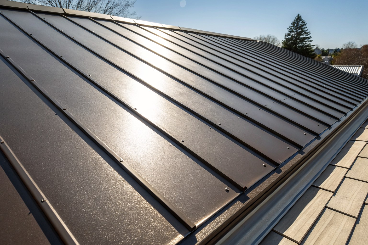 Close view of dark bronze standing-seam metal roof panels in sunlight