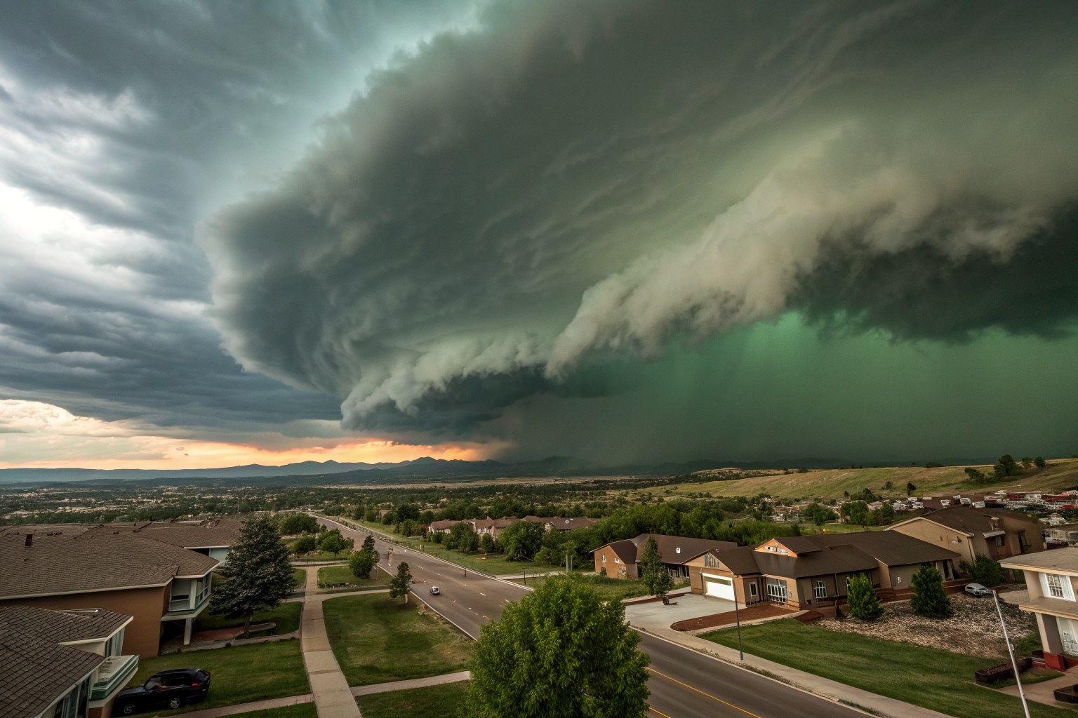 A green-tinged supercell rolling off the mountains over a suburb of rooftops