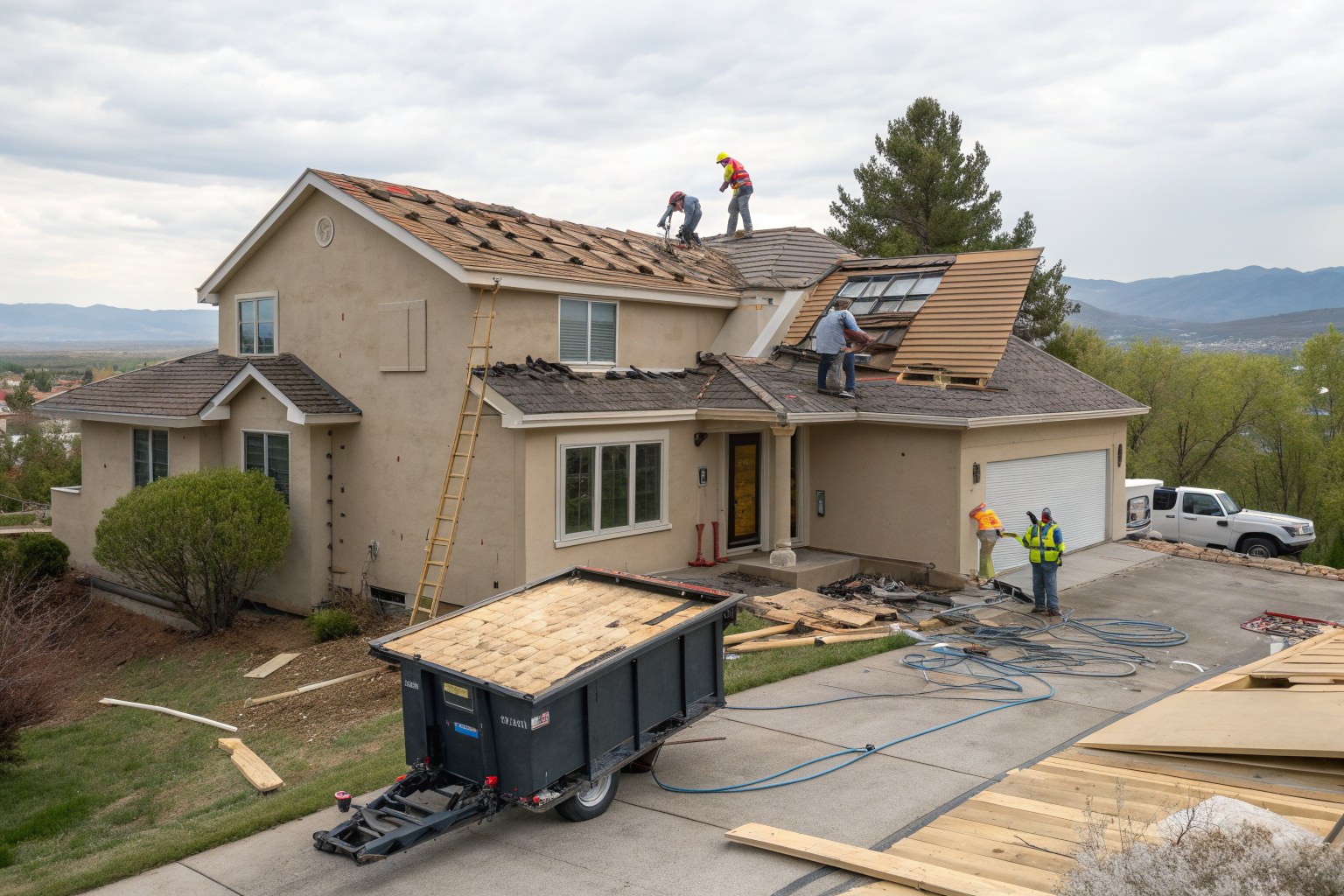 A two-story stucco house mid re-roof with shingles stripped to the decking and a dumpster in the drive