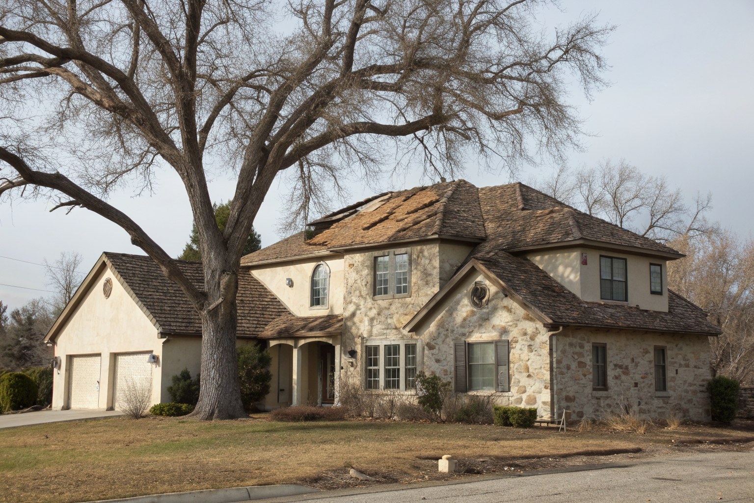 A two-story stucco and stone home with a worn brown shingle roof beside a bare cottonwood