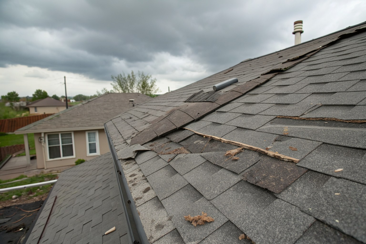 Wind-lifted and creased asphalt shingles with missing tabs under a gray sky